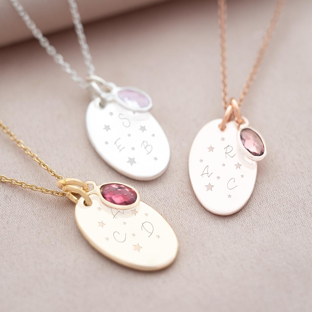 Star Night Oval Initial Disc Personalised Necklace in Champagne Gold, Silver and Rose Gold