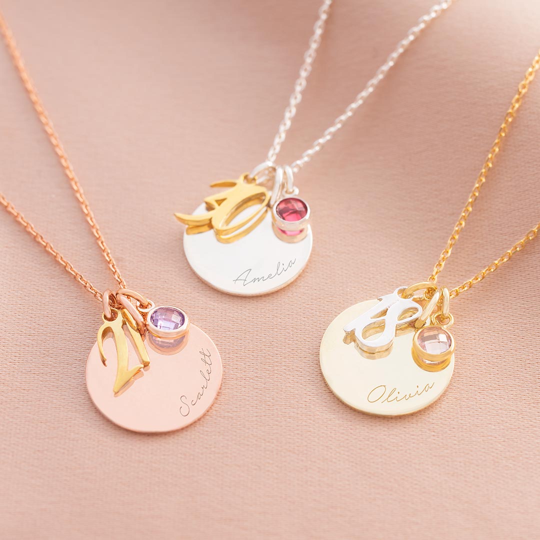 age and birthstone necklace available in sterling silver, rose gold plated sterling silver and gold plated sterling silver