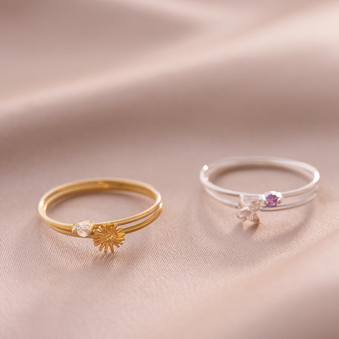 Sterling Silver Birth Flower and Birthstone Stacking Rings