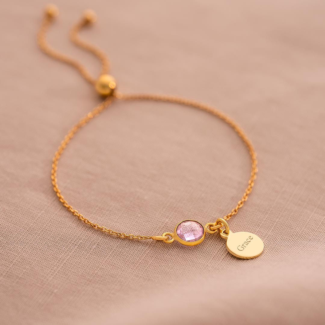 gold plated sterling silver disc and birthstone personalised slider bracelet
