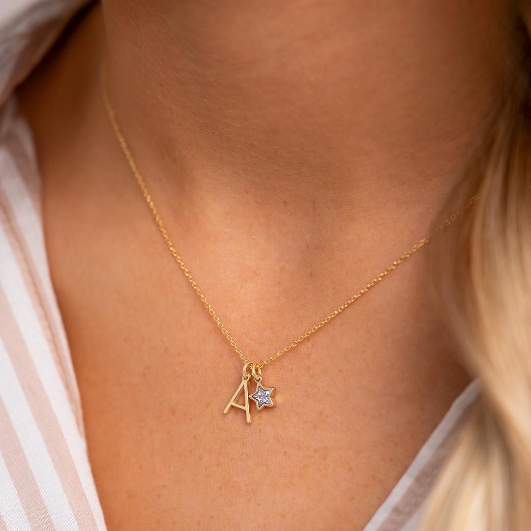 Gold Necklace With Letter A Charm and June Star Birthstone 