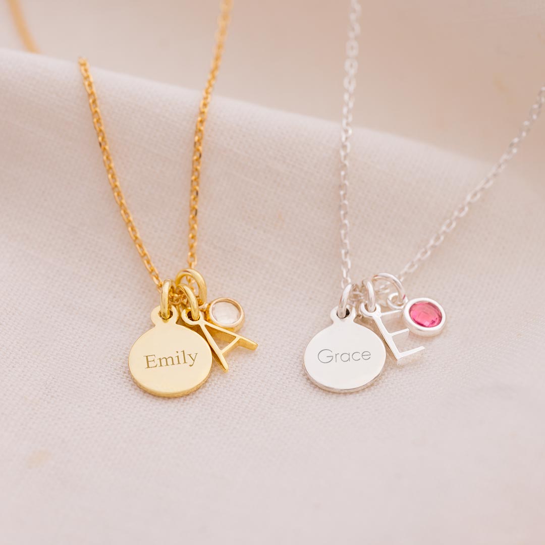 Sterling Silver Delicate Charm, Letter and Micro Birthstone Personalised Necklace