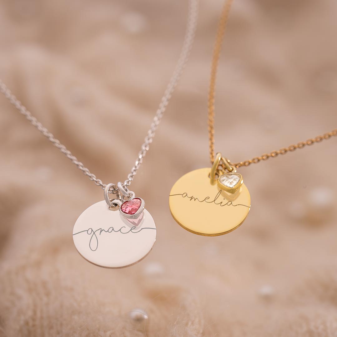 gold plated sterling silver and sterling silver esme disc necklace with gemstone heart charm