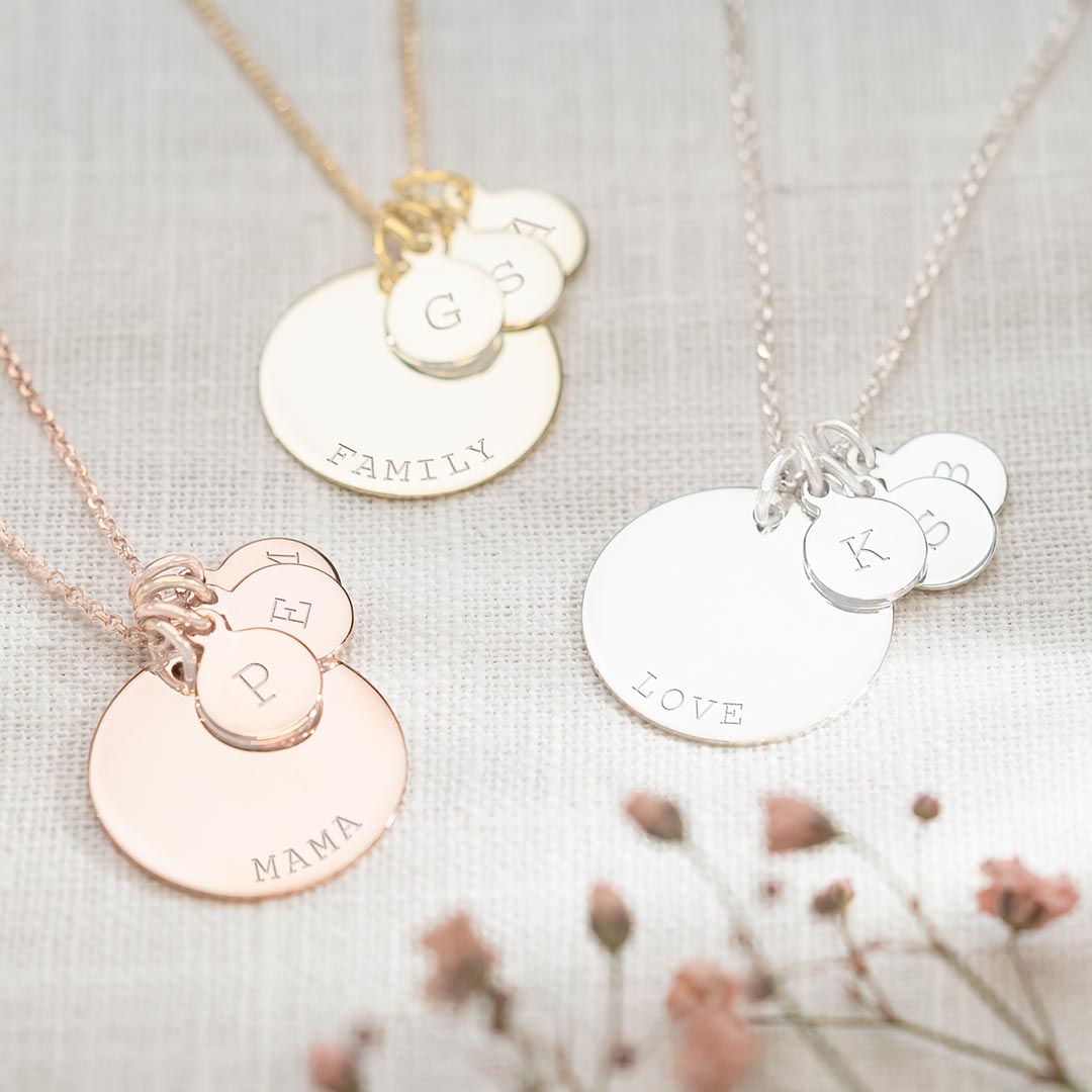 Sterling Silver, Gold and Rose Gold Family Disc Necklace with One Large Name Disc and Three Small initial Discs