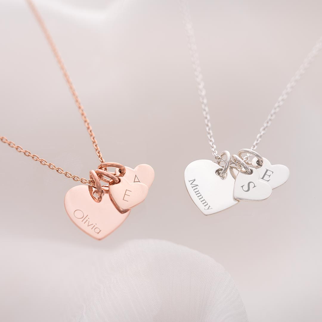family hearts necklace available in sterling silver and rose gold plated sterling silver personalised with engraved name and initials
