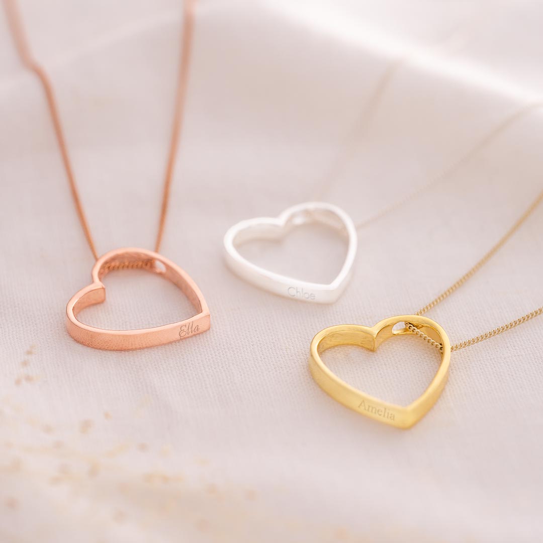 heart pendant personalised necklace available in sterling silver, gold plated sterling silver and rose gold plated sterling silver