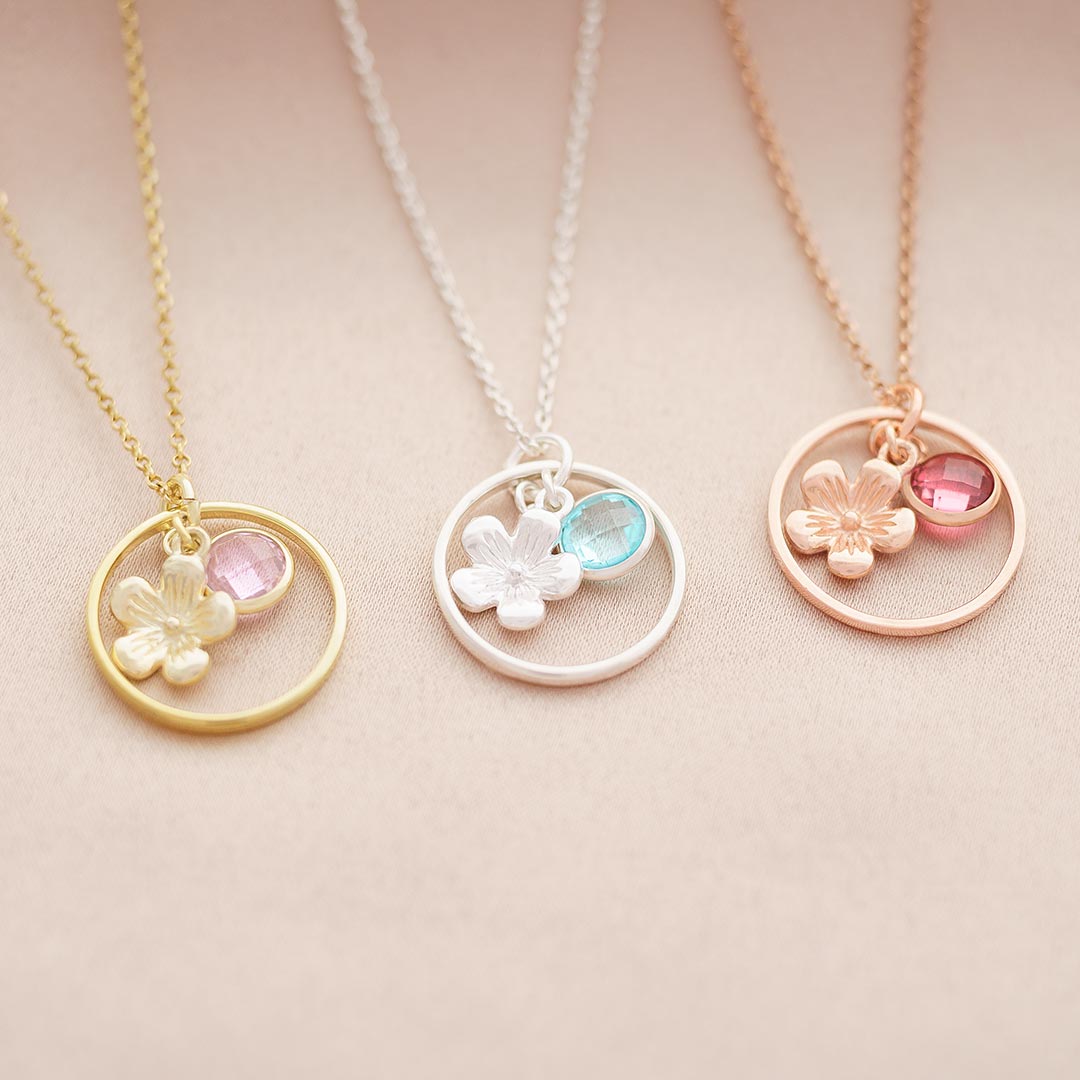 Product Shot showing all 3 colourways of the necklace involving Champagne Gold Sterling, Sterling Silver and Rose Gold Sterling