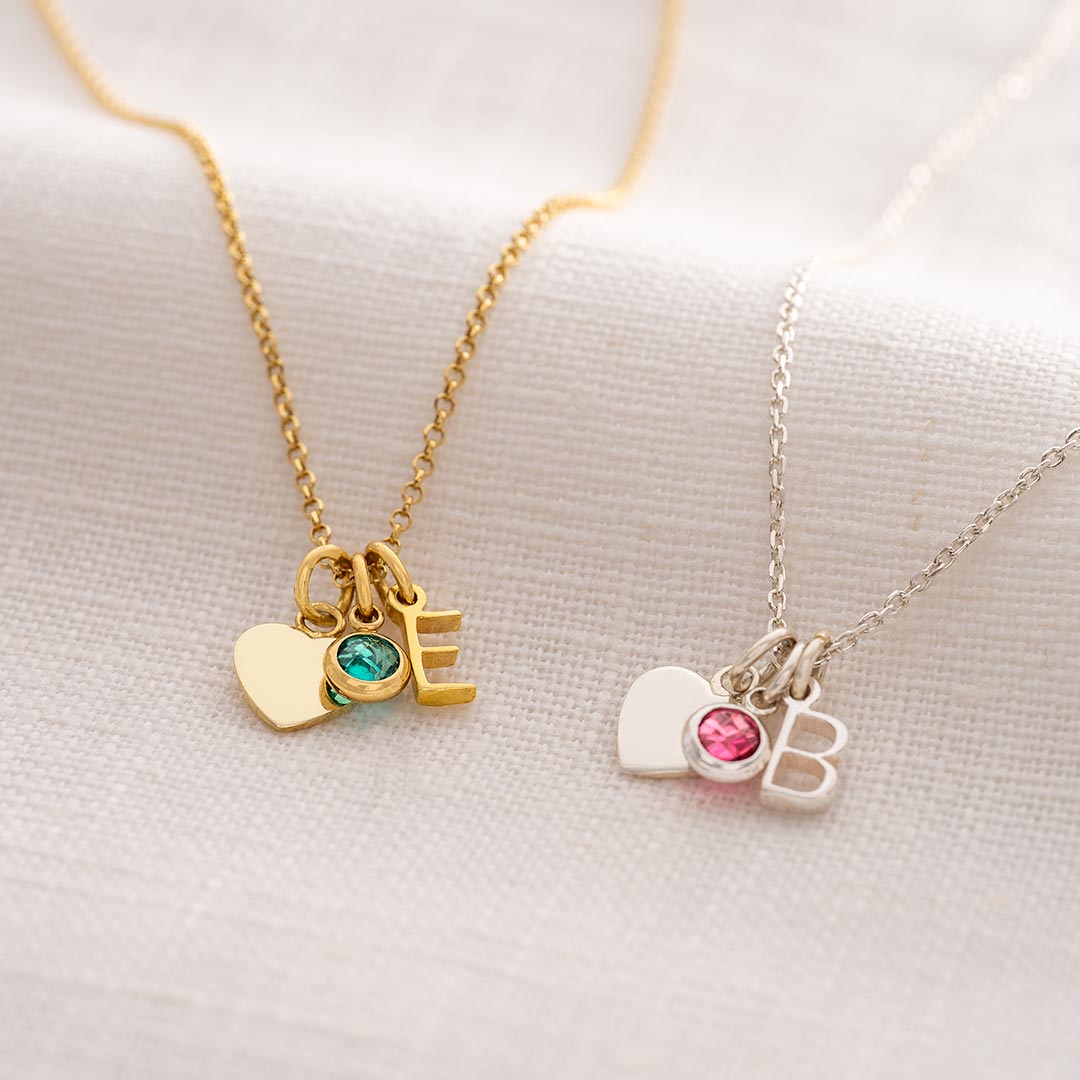 Sterling Silver Heart, Mini Letter and Birthstone Personalised Necklace