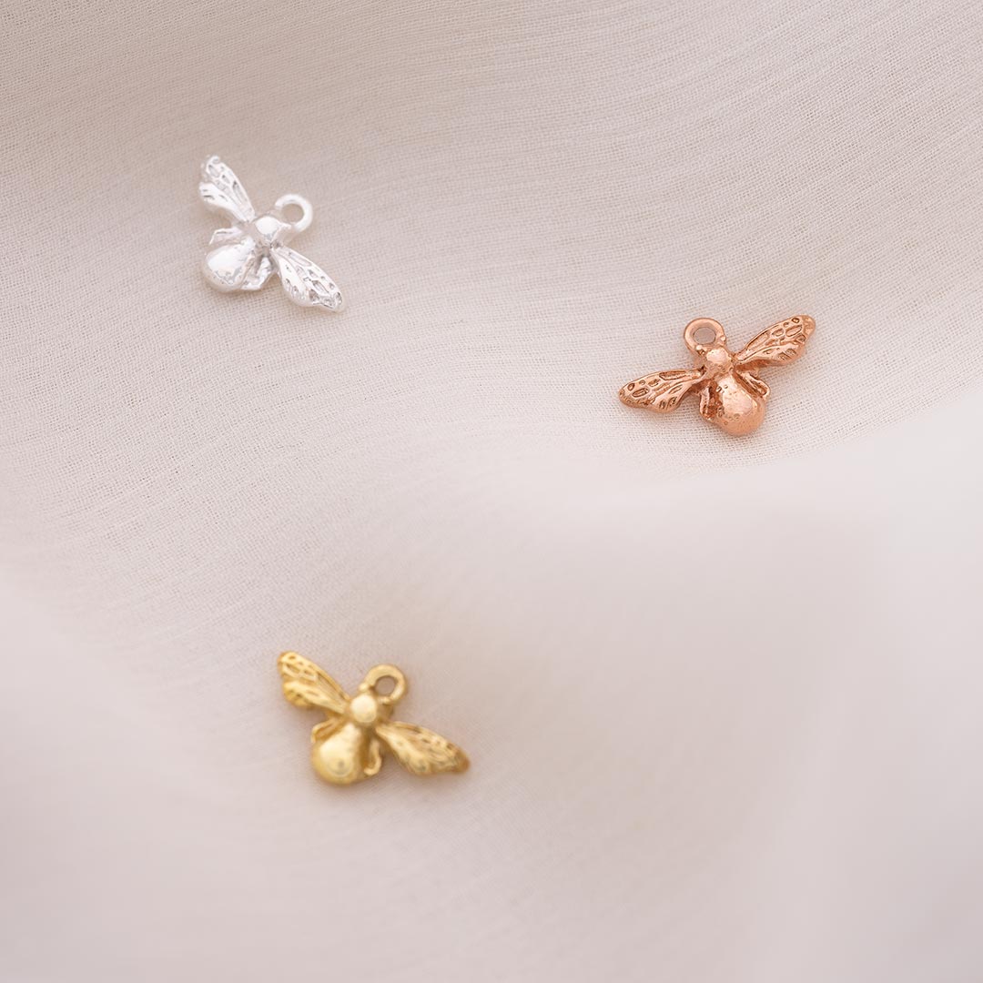 sterling silver, rose gold plated sterling silver and gold plated sterling silver honey bee charm for jewellery making