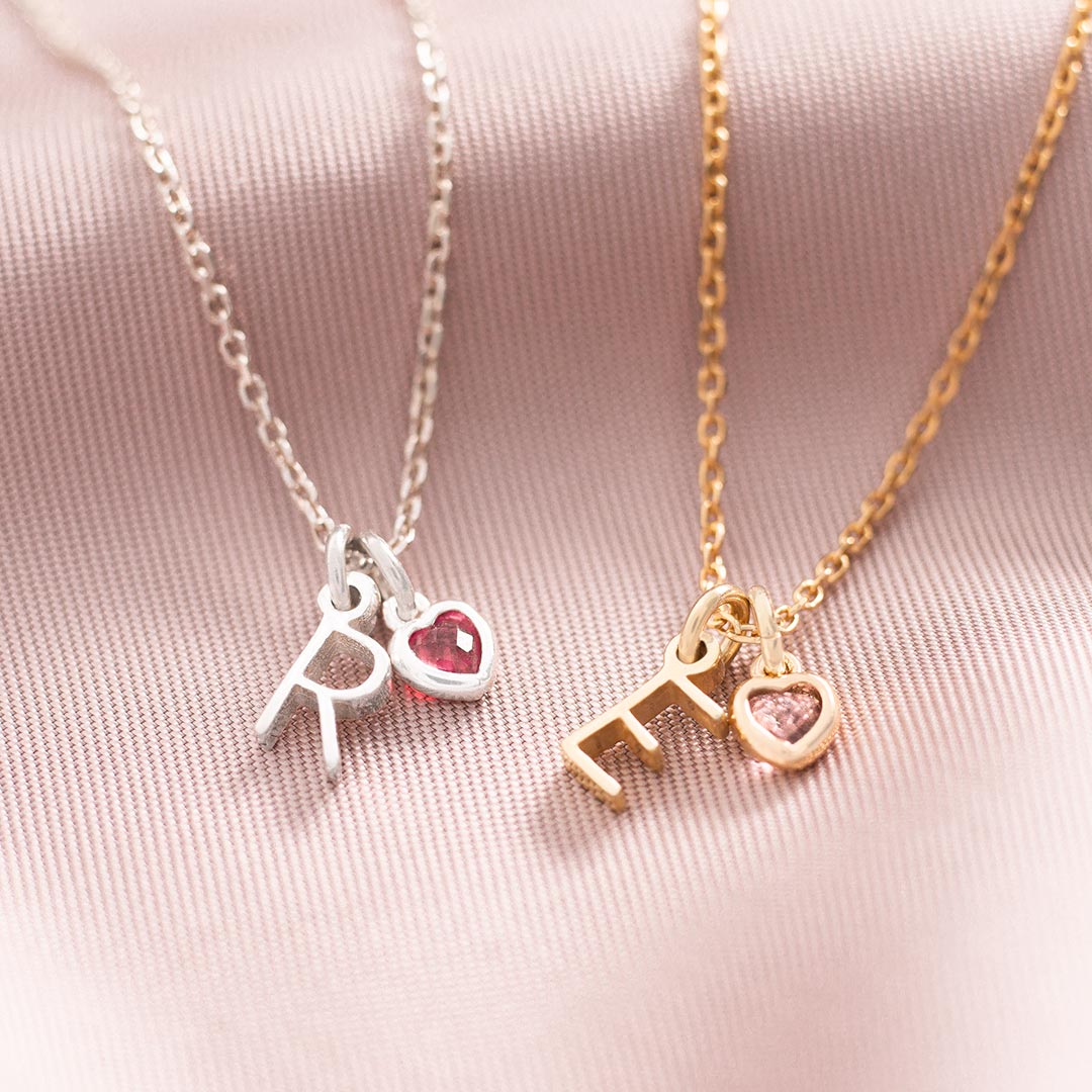 Sterling Silver Letter and Heart Birthstone Personalised Necklace in Gold Plated Sterling Silver