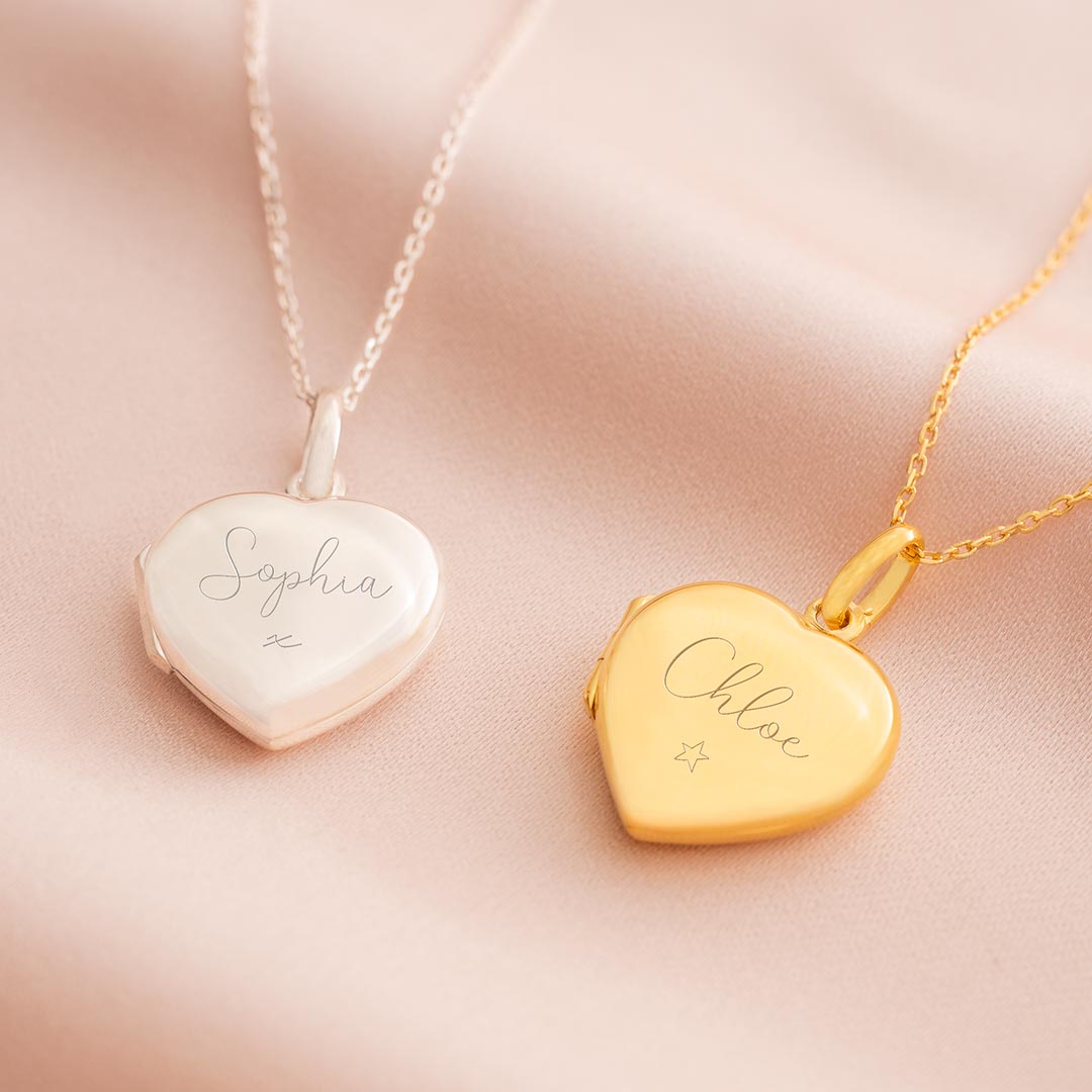 name heart locket necklace available in sterling silver and gold plated sterling silver