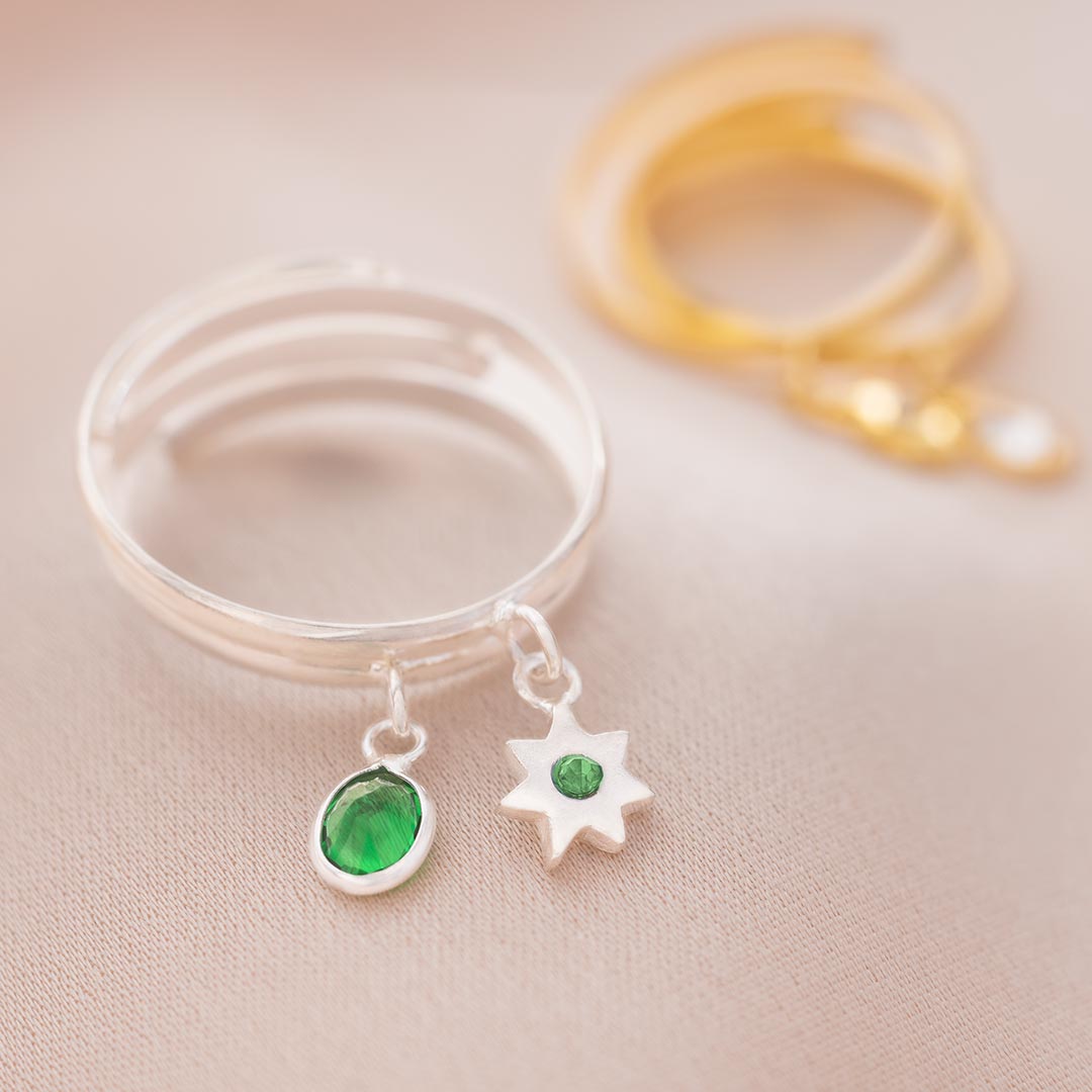 Sterling Silver Star and Birthstone Charm Personalised Rings