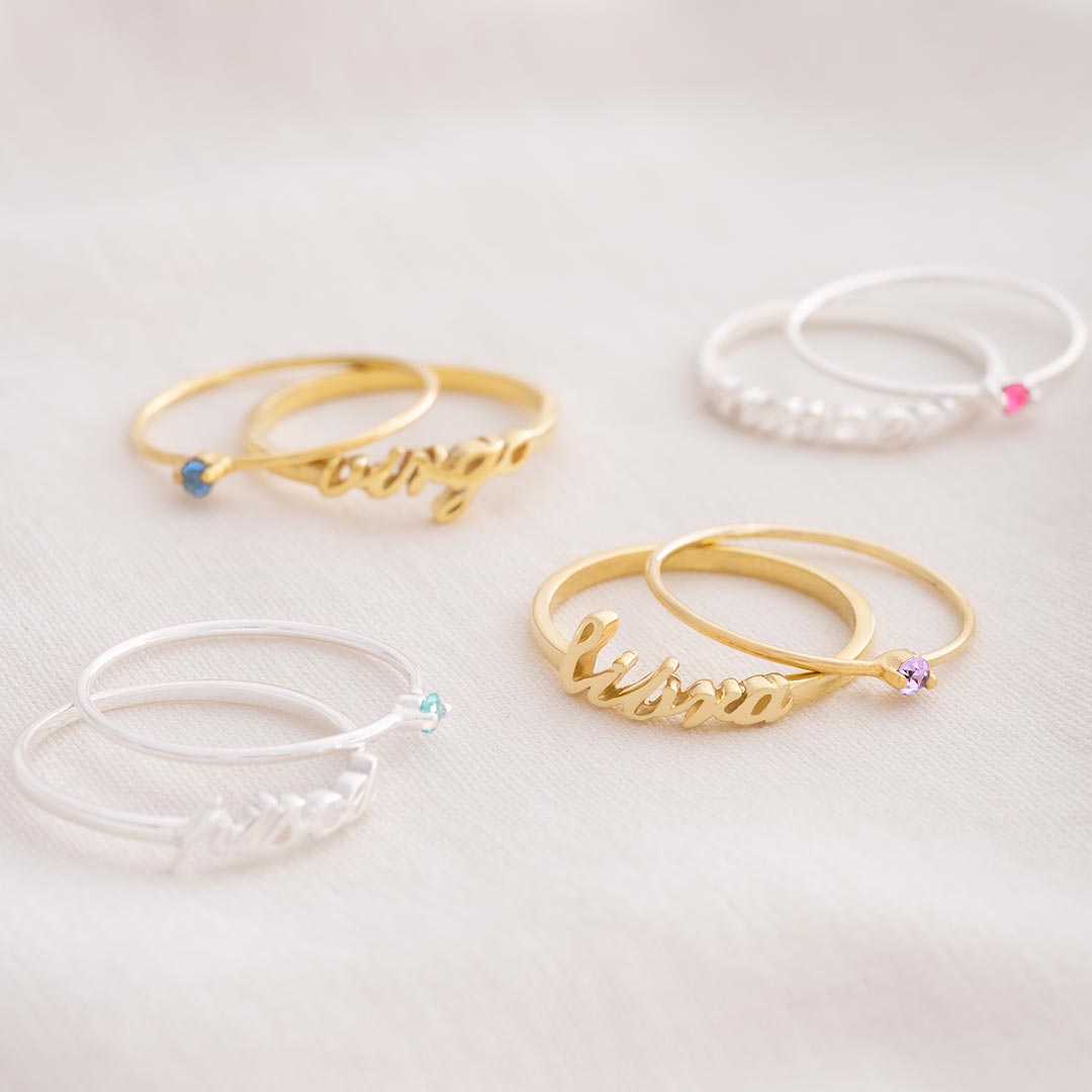 Sterling Silver Zodiac Name and Birthstone Stacking Ring Set