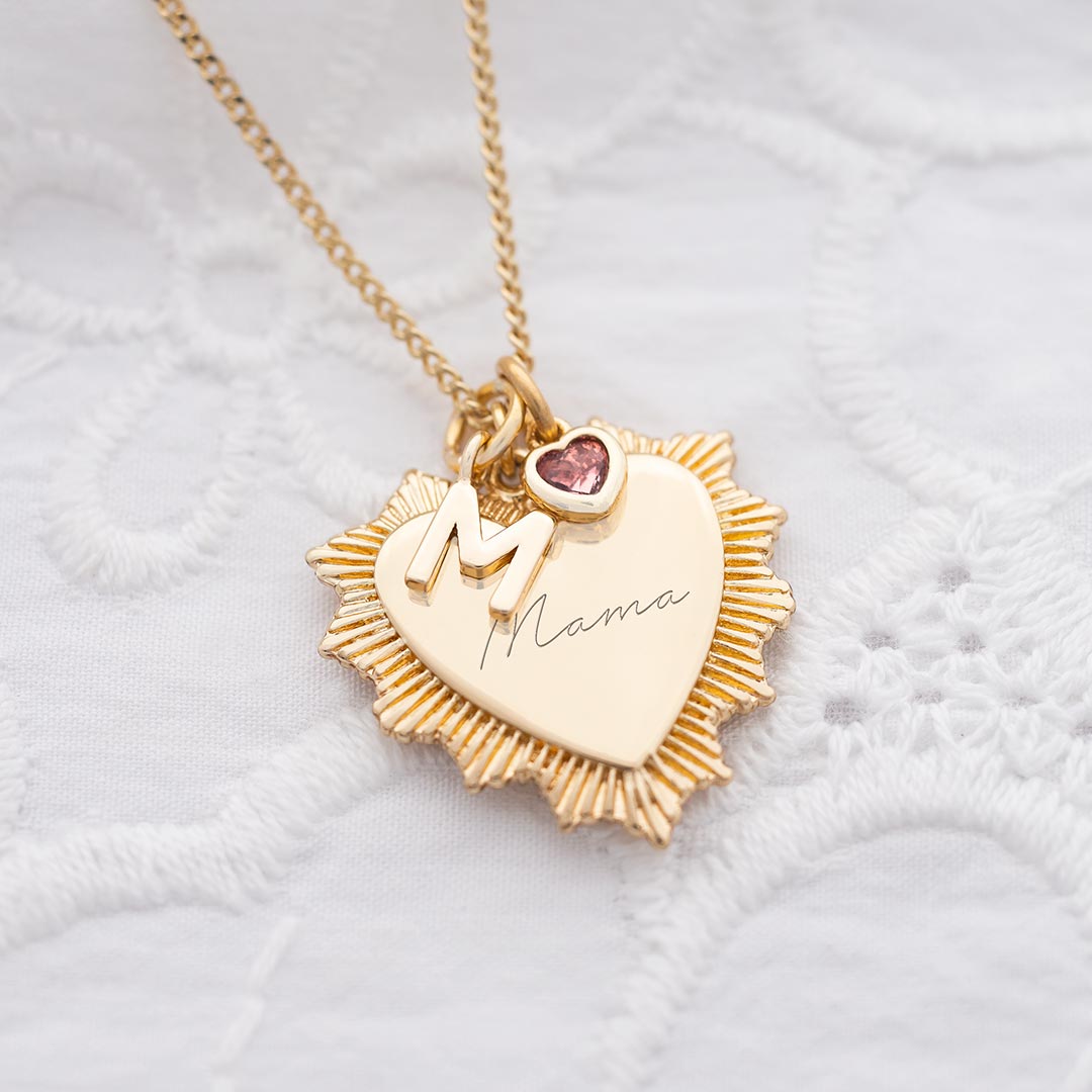 Champagne Gold Plated Personalised Vintage Heart, Letter M Charm and Garnet Micro Heart Birthstone Necklace with Name Engraving