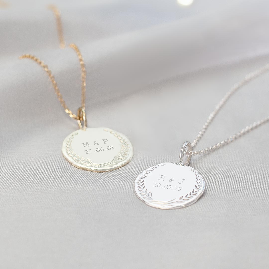Disc Necklace with Garland Design Personalised with Chosen Initials and Date