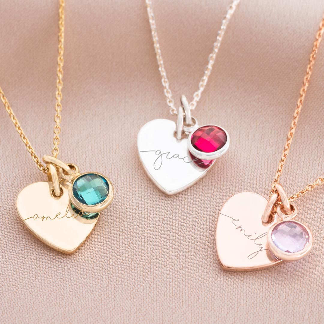 Esme Heart and Birthstone Personalised Name Necklace