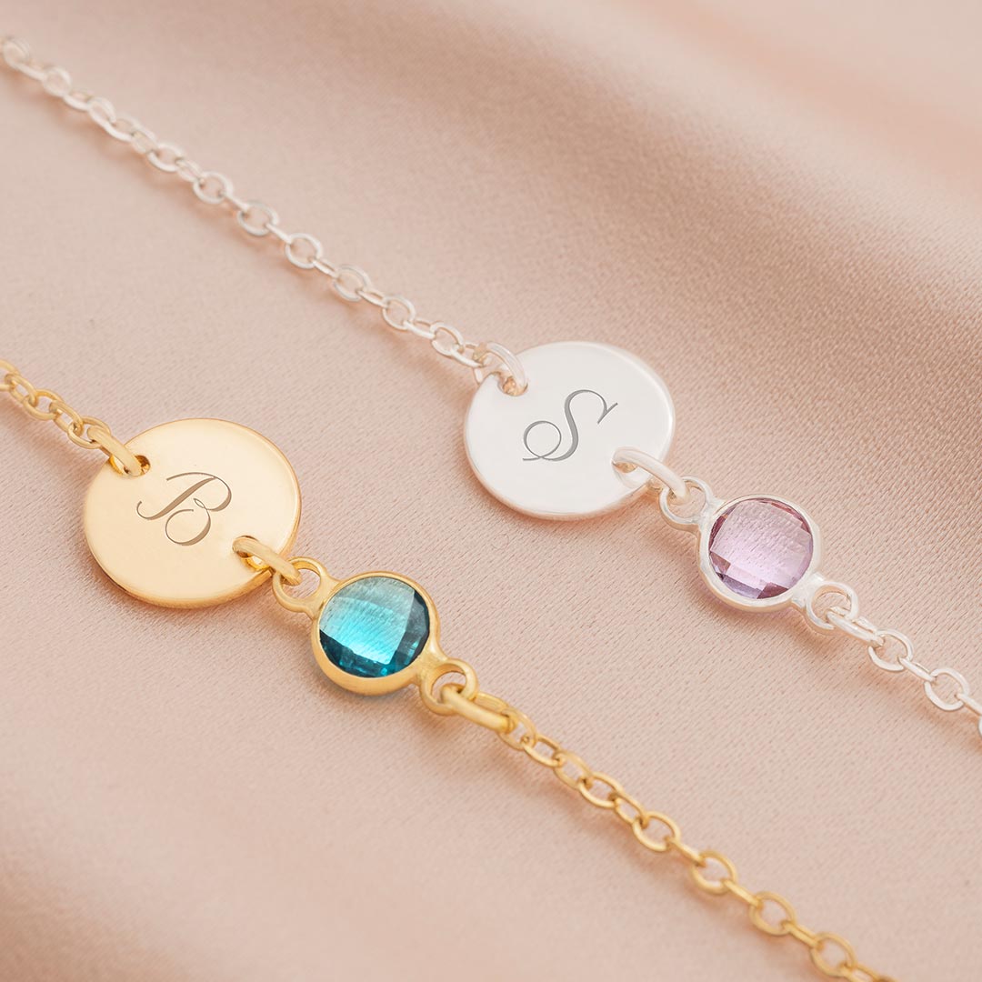 Initial Disc and Birthstone Personalised Bracelet